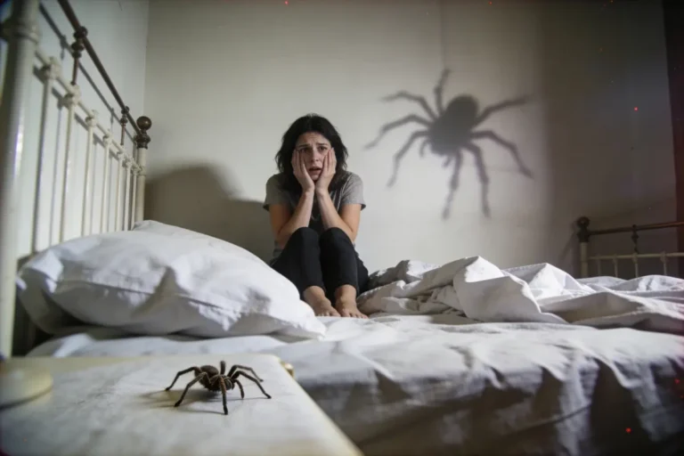 Femme effrayée sur un lit avec une araignée et une grande ombre sur le mur.