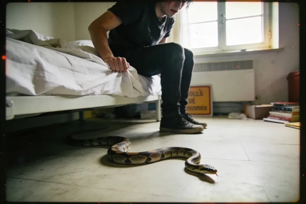 Personne assise sur un lit, regardant un serpent au sol dans une chambre lumineuse.
