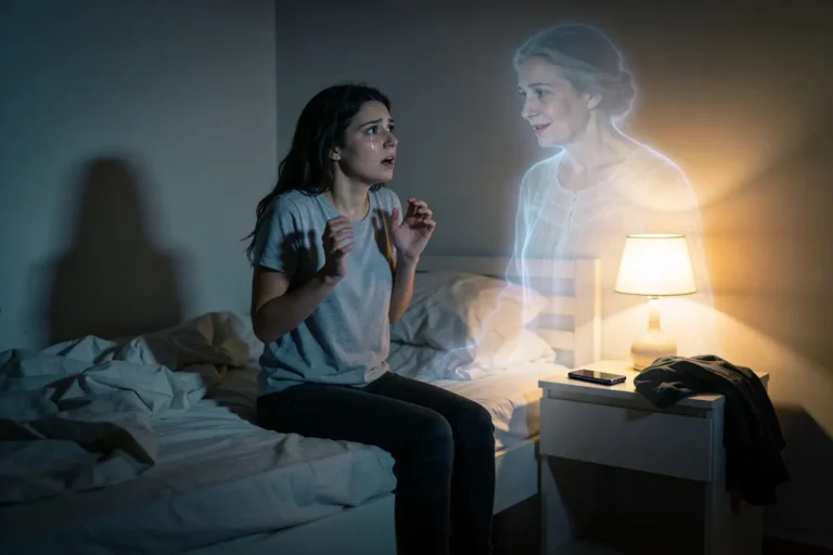 Jeune femme effrayée par une apparition fantomatique dans une chambre peu éclairée, lampe allumée sur la table.