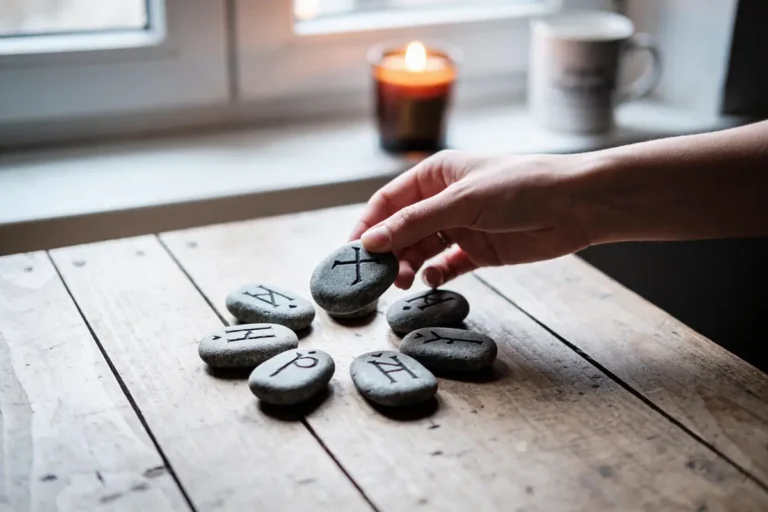 Main tenant pierre runique, autres pierres sur table en bois, bougie et tasse floues en arrière-plan.