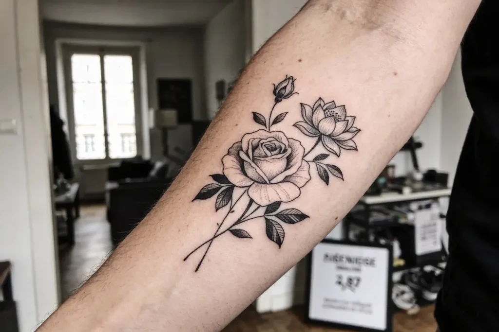 Tatouage de rose et lotus sur un avant-bras, intérieur d'appartement en arrière-plan.