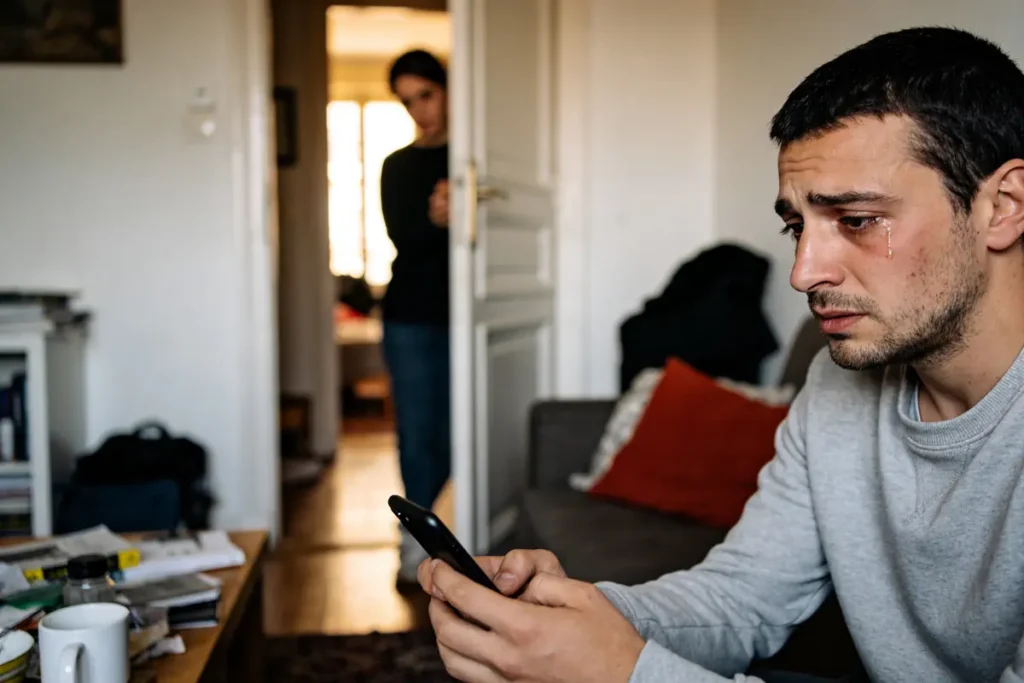 Homme pleurant, regardant smartphone, femme observant depuis l'arrière-plan dans un salon lumineux.
