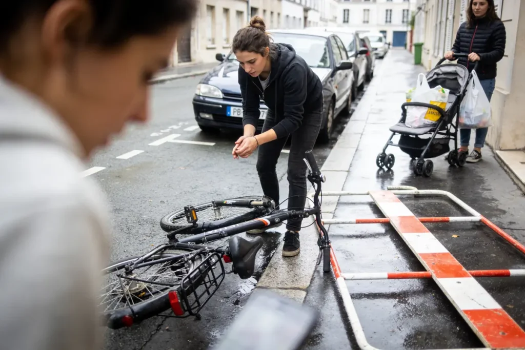 Femme ramasse un vélo tombé dans la rue, poussette et piéton à proximité, journée pluvieuse.