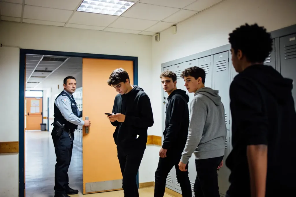 Un policier surveille des adolescents passant devant des casiers dans un couloir d'école.