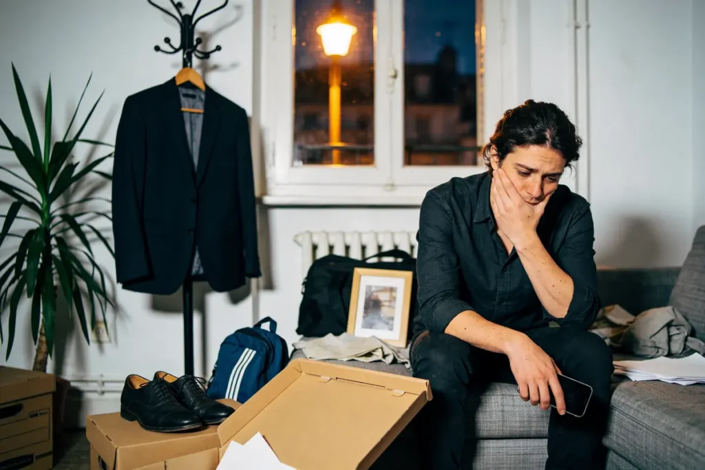 Homme pensif assis sur un canapé entouré de cartons, vêtements et cadre photo, lumière de nuit.