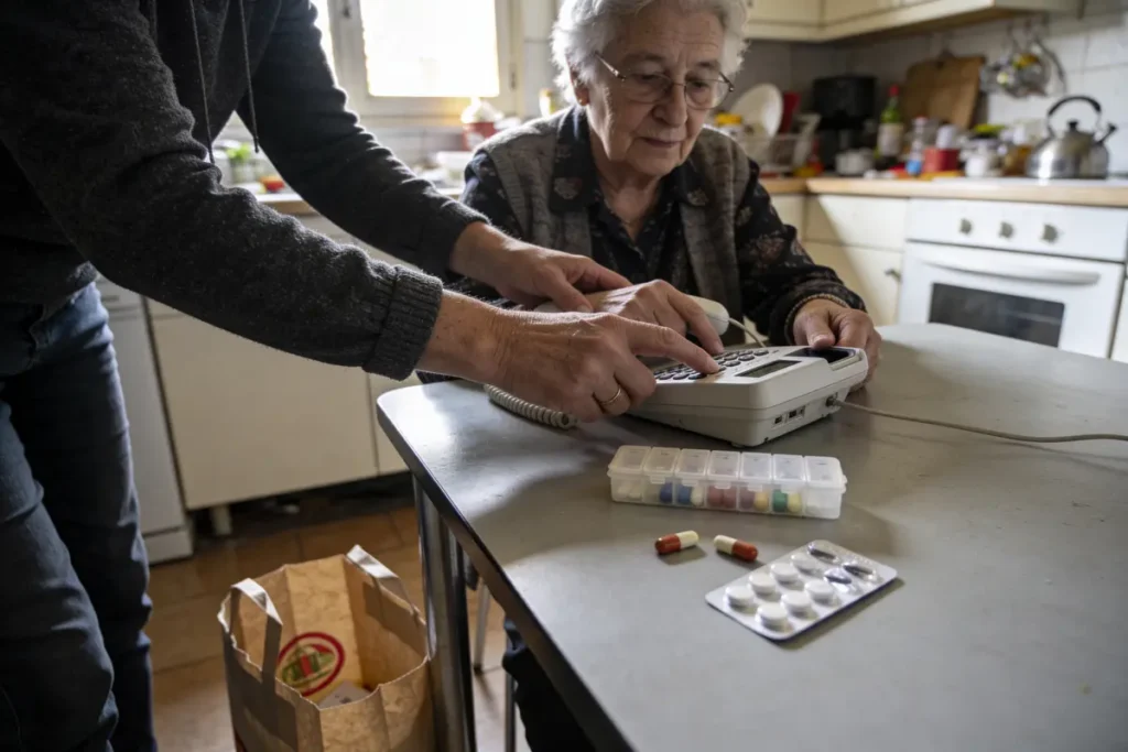 Une femme âgée avec ses médicaments, utilisant un téléphone avec l'aide d'une personne dans une cuisine.