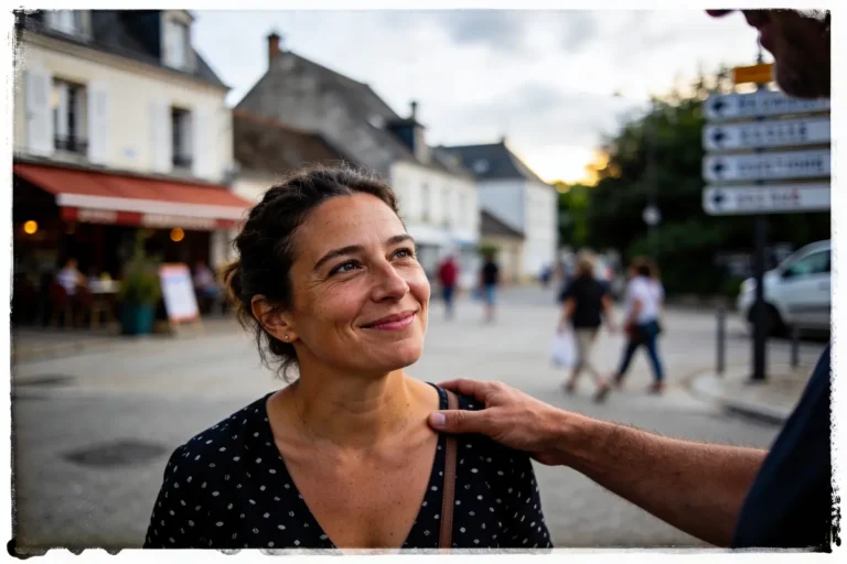 Femme souriante dans la rue, main sur l'épaule, bâtiments en arrière-plan, ambiance urbaine paisible.