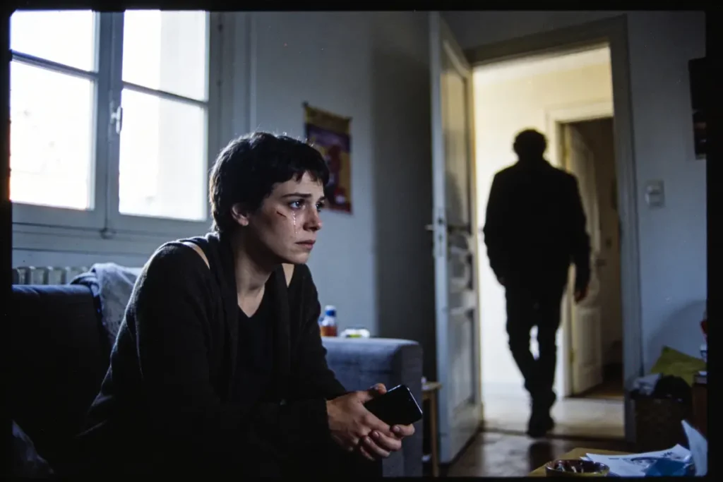 Une personne assise pleure, tenant un téléphone, tandis qu'une silhouette quitte la pièce.