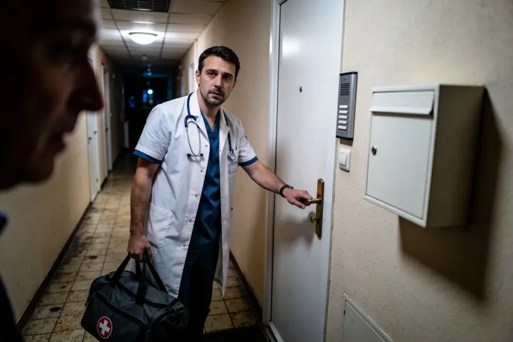 Médecin en uniforme médical, portant un sac, ouvrant une porte dans un couloir faiblement éclairé.