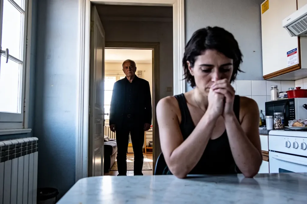 Une femme inquiète à table, homme se tenant à l'arrière-plan dans une cuisine. Ambiance tendue.