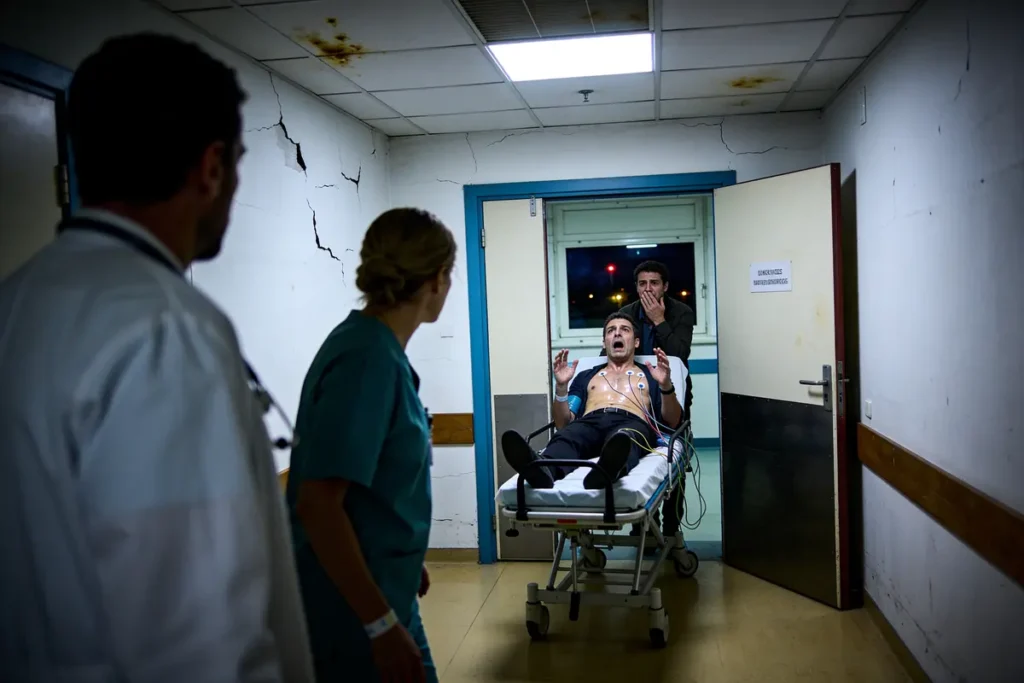 Un homme en détresse sur un brancard, entouré de médecins inquiets dans un couloir délabré.