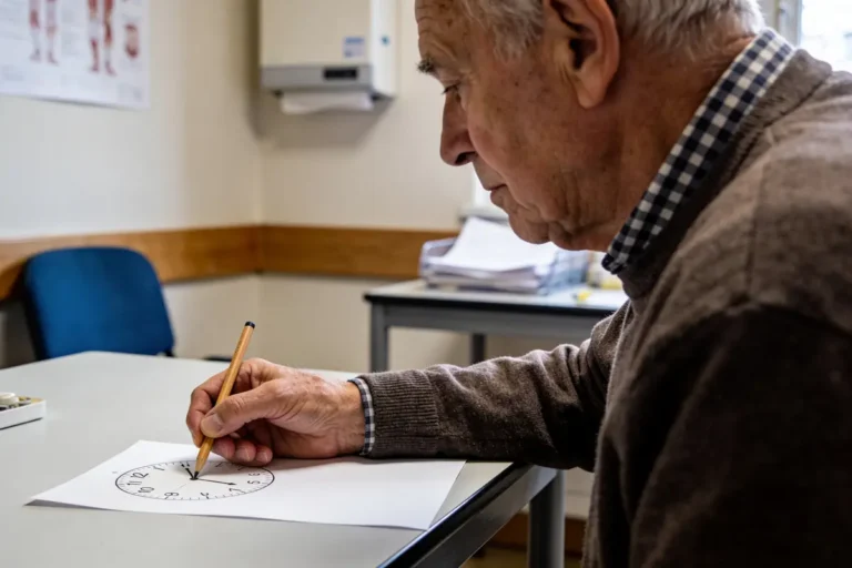 Un homme âgé dessine une horloge sur une feuille, assis à un bureau.