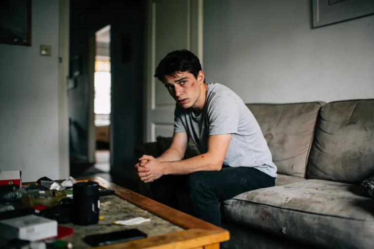 Jeune homme assis sur un canapé, regarde pensivement vers l'avant, salon en arrière-plan désordonné.