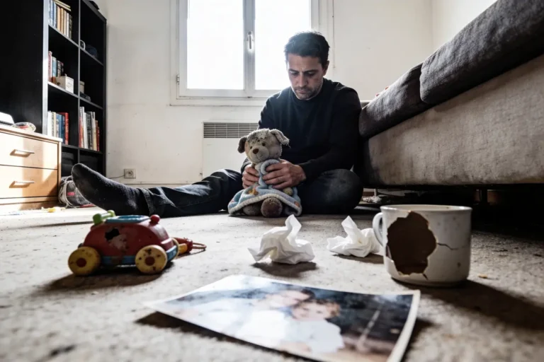 Homme assis, tenant peluche. Sol désordonné avec jouet, photo, tasse cassée et papiers froissés. Salle sombre.