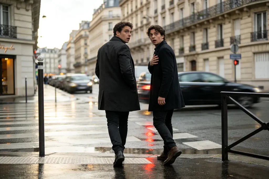 Deux hommes en manteaux noirs traversent une rue parisienne animée par temps pluvieux.