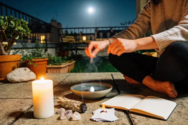 Personne méditant avec bougie, encens, cristaux, carnet ouvert, sous la pleine lune sur une terrasse.