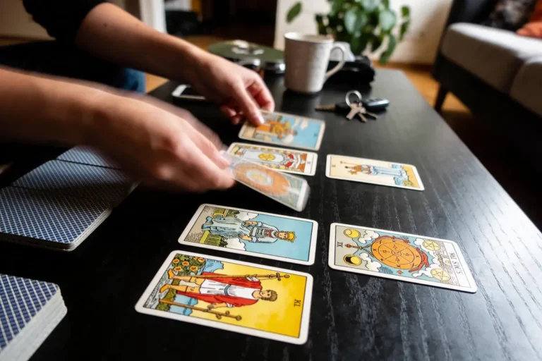 Cartes de tarot sur une table noire, main en mouvement, tasse et clés à proximité.