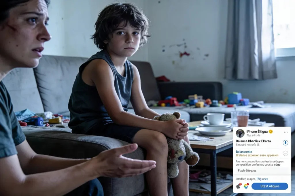 Un enfant triste tient un ours en peluche, assis sur un canapé désordonné. Adulte à ses côtés. Chambre désordonnée.