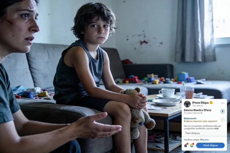 Un enfant triste tient un ours en peluche, assis sur un canapé désordonné. Adulte à ses côtés. Chambre désordonnée.