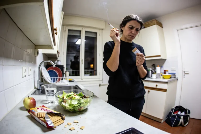 Femme fumant dans une cuisine, près d'une salade, biscuits et pomme, air pensif.