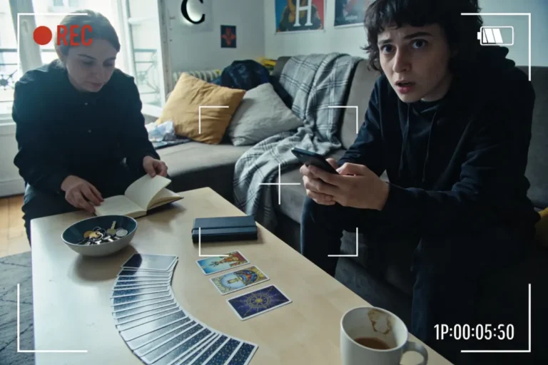 Deux personnes vérifiant des cartes de tarot sur une table, filmées comme par une caméra.